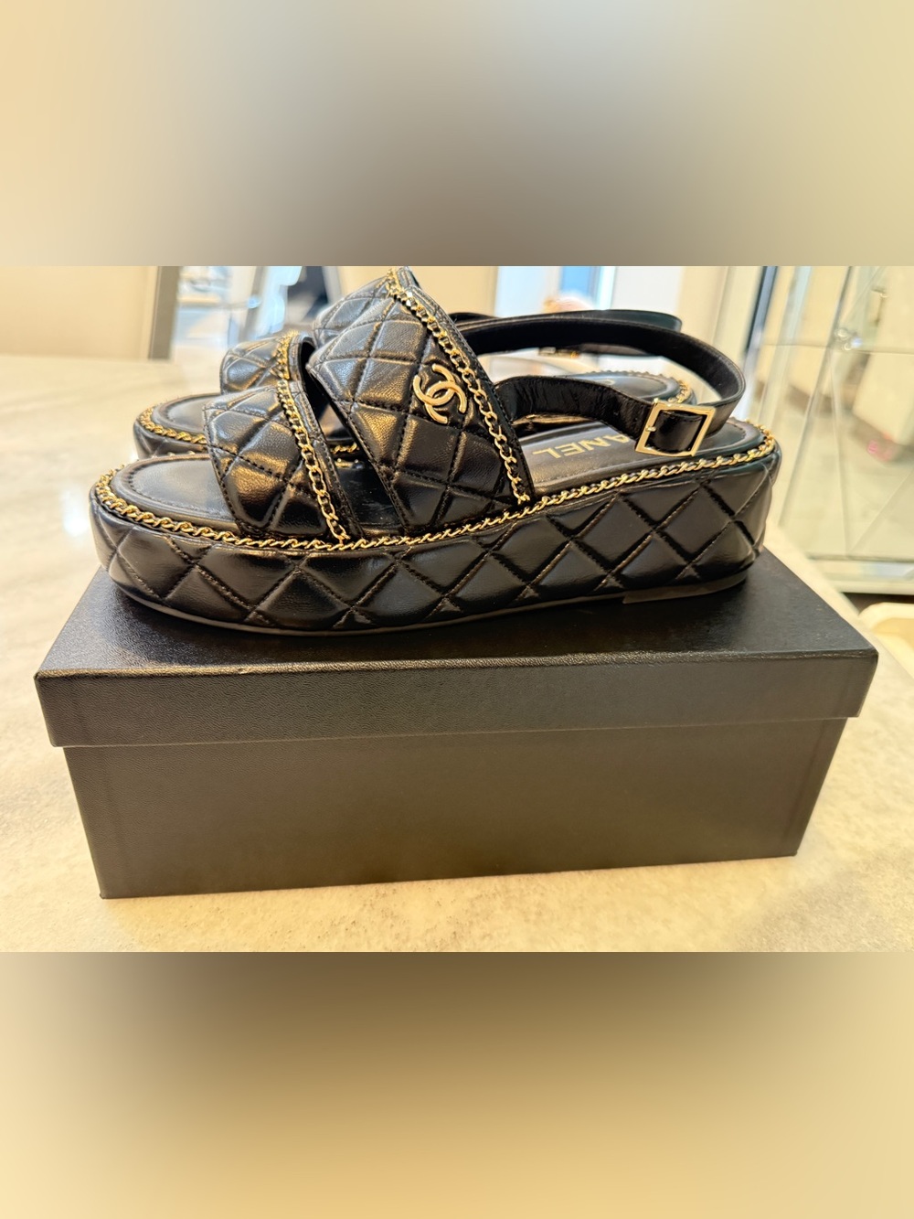 CHANEL Black Quilted Leather Platform Sandals with Gold Chain Trim NIB 25 A